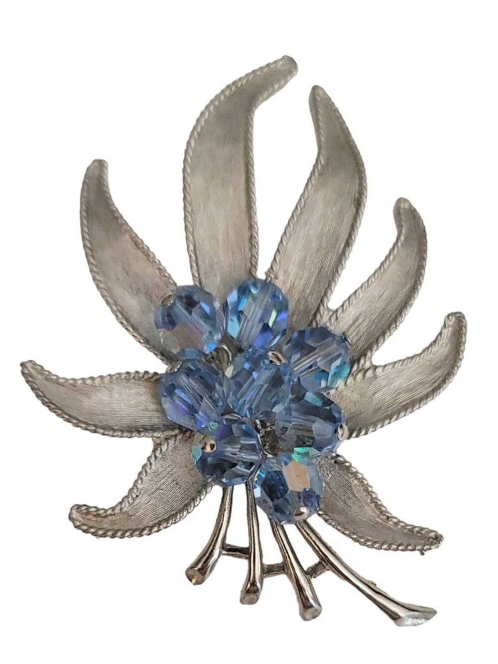 Parco Vintage Silver Tone Blue Faceted Bead Crystal Leaf Brooch, Signed